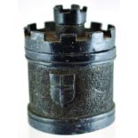 LEAD TOBACCO JAR. 5.25ins tall, cast lead box & cover in form of a castilated keep, cover with