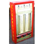 CIGARETTES DISPENSER. 35ins tall, 19.5ins wide, 6.25ins deep, red metal CIGARETTES in yellow