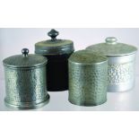 GROUP OF TOBACCO JARS. Includes pewter musical jar & cover plus aluminium cylindrical jar,