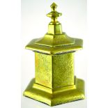 HEAVY BRASS TOBACCO JAR. 6ins tall to top of finial on lid, six sided form with engraved design