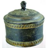 LEAD TOBACCO JAR. 4.75ins tall to top of cover with mans head finial, cylindrical form initials C.D.