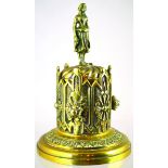 BRASS TOBACCO JAR. 9.5ins tall to top of cover with figure of a lady finial, elaborately decorated