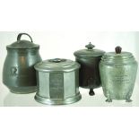 GROUP OF PEWTER TOBACCO JARS. English cylindrical jar with hammered finish - inscription TO TOM/