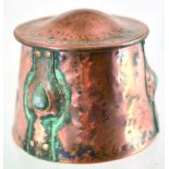COPPER TOBACCO JAR. 4ins tall to top of cover, Art Nouveau hammered copper jar. Tapering cylindrical