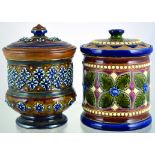 FULHAM POTTERY TOBACCO JAR. 5.75ins tall to top of lid, raised floral design, leaves & florets c.