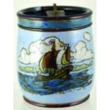 DOULTON TOBACCO JAR. 6.25ins tall to top of metal spring twist lid, decorated by Bessie Newberry.