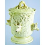 TOBACCO JAR. 6.5ins tall to top of lid with acorns. Off white glaze, tree trunk style with