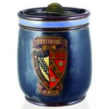 EXETER DOULTON TOBACCO JAR. 6.5ins tall to top of metal spring twist lid, dark grey glaze with