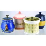 TOBACCO JARS GROUP. Blue matt glaze jar with coloured Dickens characters, Oliver Twist, Mr Bumble