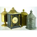 TOBACCO JARS GROUP. Carriage clock shape with cigarette lighter, heavy brass jar with lead tamper