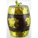 CHINESE STYLE JAR. 9.25ins tall, mahogany barrel shape jar with applied brass decoration. Good. (8/