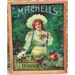 MITCHELLS CIGARETTES MULTICOLOURED FRAMED PRESSED TIN ADVERT. 27 by 21ins, lady pictured MAID OF