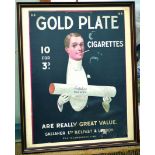 GOLD PLATE CIGARETTES COLOURED FRAMED SHOWCARD. 21 by 17ins, gent dressed for dinner smoking