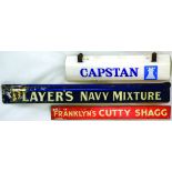 TIN SHELF EDGE ADVERTS. PLAYERS NAVY MIXTURE 19 by 2.25ins & FRANKLYNS CUTTY SHAGG 13.75 by 1.5ins