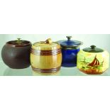 TOBACCO JARS GROUP. Brown & tan salt glaze jar barrel shape with pipe in (3) pieces to lid (cracked)