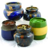 GROUP OF TOBACCO JARS. 3 with streaky blue & brown glaze plus Lovatts Langley ware blue & brown