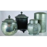GROUP OF PEWTER TOBACCO JARS. One with engraved dragons to lid & jar body. Plus one with lions