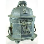 HEAVY LEAD TOBACCO JAR. 6ins tall to top of cover with elephant finial, canted rectangular form,