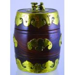 CHINESE STYLE TOBACCO JAR. 6.75ins tall to top of lid with dog finial, mahogany with brass