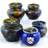 GROUP OF TOBACCO JARS. 4 with streaky blue & brown glaze & dark blue glaze Carlton ware jar with