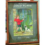 WILLS GOLD FLAKE MULTICOLOURED FRAMED SHOWCARD. 21 by 16ins, little boy with dog chalking on door