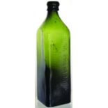 HANDYSIDES DRINK PREPARATION BOTTLE. (AB type 5) 10.5ins tall, dark olive green glass, square