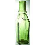 PICKLE/ PEPPERSAUCE BOTTLE. 9.75ins tall, in light olive green glass. Square shape with sloping