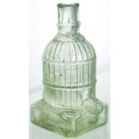 BIRDCAGE INK/ PERFUME BOTTLE. 3.25ins tall, clear glass. Embossed M to base. Corner chip (hole)