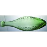 SYDNEY HAMILTON BOTTLE. 9ins long, aqua glass embossed STARKEYS/ MINERAL WATER 140 PHILLOP STREET/