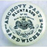 BLUNT & SON ANCHOVY PASTE POT LID. 4.25ins diam, ANCHOVY PASTE FOR SANDWICHES & C/ BLUNT & SON/ NO