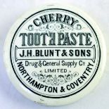 NORTHAMPTON & COVENTRY TOOTHPASTE POT LID. 2.75ins diam, CHERRY/ TOOTHPASTE/ J.H. BLUNT & SONS/ DRUG