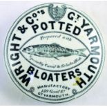 WRIGHT & COâ€™S POTTED BLOATERS POT LID. 4ins diam, WRIGHT & COS GT. YARMOUTH POTTED BLOATERS fish