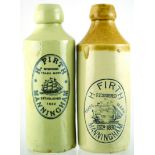 PAIR MANNINGHAM GINGER BEER BOTTLES. 7.25ins tall, st. t.t. black impressed lettering H. FIRTH/ ESTD