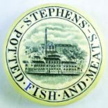 STEPHENS POT LID. 3.75ins diam, STEPHENS POTTED FISH AND MEATS detailed factory premises pictured.