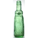 JERSEY BULB NECK PATENT CODD BOTTLE. 9ins tall, aqua glass embossed JOHN ADAMS/ JERSEY to front.