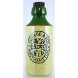 NORTHAMPTON GINGER BEER BOTTLE. 7ins tall, st, green top, black transfer HOWARD & SON/ GINGER/