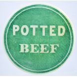 POTTED BEEF. 4ins diam, striking simple design as previous lot the white lettering set upon a