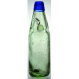 BLUE LIP CODD BOTTLE. 8.75ins tall, aqua glass codd bottle with cobalt blue lip. Embossed J.