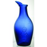 ISAACS OF LIVERPOOL INK BOTTLE. 5ins tall, blue glass, attractive curved shape with birds beak lip -