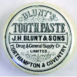 BLUNTS TOOTHPASTE POT LID. 2.75ins diam, BLUNTS/ TOOTHPASTE/ J.H. BLUNT & SONS DRUG & GENERAL SUPPLY