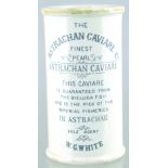 CAVIARE JAR. 4.75ins tall, white glaze, black transfer THE/ ASTRACHAN CAVIARE CO/ FINEST/ PEARL