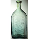 PONTILLED GERMAN BOTTLE. 6.3ins tall, light bluey aqua glass, chunky rectangular form, facetted