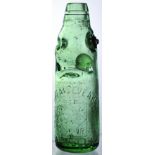 BARNSLEY VALVE CODD BOTTLE. 9ins tall, aqua glass valve patent embossed W & G. ROSEVEARE/ BARNSLEY