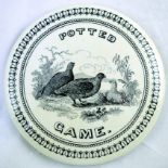 POTTED GAME POT LID. 4.25ins diam, grouse/ partridges pictured POTTED/ GAME. Made in England base