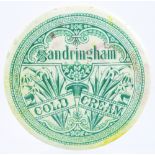 SANDRINGHAM COLD CREAM POTâ€ˆLID. 3.1ins diam. Very strong green transfer - the 3 words set upon