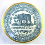 ATKINSONS BEARS GREASE POT LID. 3ins diam, JAMES ATKINSONS BEARS GREASE 24 OLD BOND STREET/