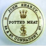 JOHN SEARCY POTTED MEAT POT LID. 4ins diam, brown transfer JOHN SEARCY POTTED MEAT/ 55 & 57