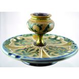 DOULTON INKWELL. 3.75ins tall, 6.25ins diam at base. Tan, blue & green glaze with raised and incised