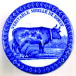 VERITABLE MOELLE DE BOEUF POT LID & BASE. 2.75ins diam, blue transfer, large cow pictorial in