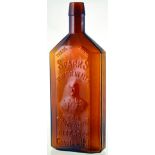 SPARKS KIDNEY & LIVER BOTTLE. 9.5ins tall, red/ amber glass rectangular shape, chamfered corners,